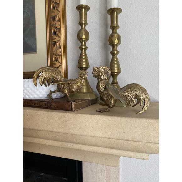 Vintage Midcentury Brass Rooster Figures Set Of 2 Made In Japan Brass Birds